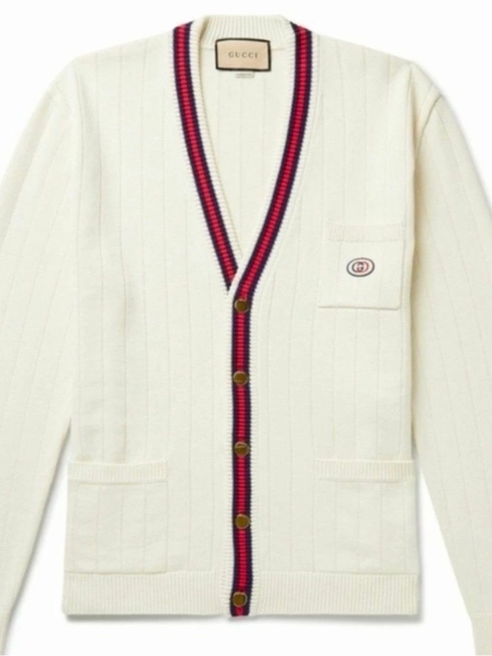 Gucci Men's Ivory Cable-Knit Cardigan Sweater XXL Striped Trim Logo Button
